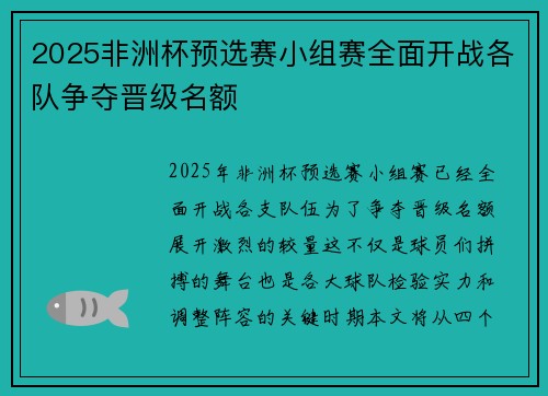 2025非洲杯预选赛小组赛全面开战各队争夺晋级名额